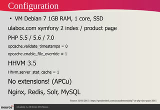 nAcademy Le 26 février 2015 Neuros -
Configuration
●
VM Debian 7 1GB RAM, 1 core, SSD
ulabox.com symfony 2 index / product page
PHP 5.5 / 5.6 / 7.0
opcache.validate_timestamps = 0
opcache.enable_file_override = 1
HHVM 3.5
Hhvm.server_stat_cache = 1
No extensions! (APCu)
Nginx, Redis, Solr, MySQL
Source 31/01/2015 : https://speakerdeck.com/acasademont/php7-at-php-day-spain-2015
 