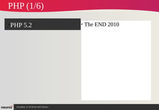 nAcademy Le 26 février 2015 Neuros -
➢
PHP 5.2 ✔
The END 2010
PHP (1/6)
 