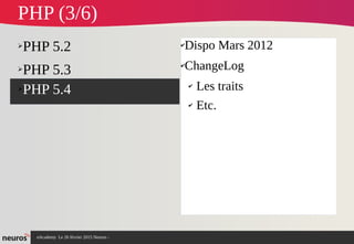 nAcademy Le 26 février 2015 Neuros -
➢PHP 5.2
➢PHP 5.3
➢PHP 5.4
✔Dispo Mars 2012
✔ChangeLog
✔ Les traits
✔ Etc.
PHP (3/6)
 