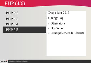 nAcademy Le 26 février 2015 Neuros -
➢PHP 5.2
➢PHP 5.3
➢PHP 5.4
➢PHP 5.5
✔ Dispo juin 2013
✔ ChangeLog
✔ Générators
✔ OpCache
✔ Principalement la sécurité
PHP (4/6)
 