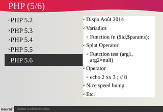 nAcademy Le 26 février 2015 Neuros -
➢PHP 5.2
➢PHP 5.3
➢PHP 5.4
➢PHP 5.5
➢PHP 5.6
✔ Dispo Août 2014
✔ Variadics
✔ Function fn ($id,$params);
✔ Splat Operator
✔ Function test (arg1,
arg2=null)
✔ Operator
✔ echo 2 xx 3 ; // 8
✔ Nice speed bump
✔ Etc.
PHP (5/6)
 
