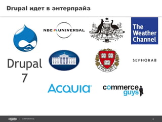 6CONFIDENTIAL
Drupal 8: Ага-ага
• Начало разработки – 10 марта 2011
• Первая бета – 1 октября 2014
• Сейчас – 30 июля 2015 (прошло 4 года и 6 месяцев):
• 9 критичных дефектов
• Отсутствует Upgrade Path
 