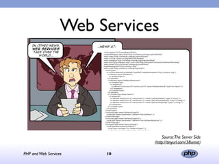 Web Services




                                  Source:The Server Side
                              (http://tinyurl.com/38umxt)

PHP and Web Services    10
 
