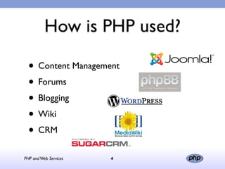 How is PHP used?

  • Content Management
  • Forums
  • Blogging
  • Wiki
  • CRM
PHP and Web Services   4
 