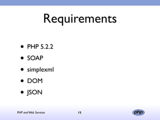 Requirements

  • PHP 5.2.2
  • SOAP
  • simplexml
  • DOM
  • JSON
PHP and Web Services   12
