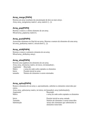 Array_merge [PHP4]
Retorna um array resultante da concatenação de dois ou mais arrays.
Array array_merge(array matriz1, array matriz2, [...]);


Array_pop[PHP4]
Retorna e remove o ultimo elemento de um array.
Mixed array_pop(array matriz1);


Array_push[PHP4]
Acrescente elementos no final de um array. Retorna o numero de elementos de uma array.
Int array_push(array matriz1, mixed elem1,[...]);


Array_shift[PHP4]
Retorna e remove o primeiro elemento de um array
Mixed array_shift(array array);


Array_slice[PHP4]
Retorna uma seqüência de elementos de um array.
Array array_slice(array matriz, int inicio, int [tamanho]) ;
Argumento Descrição
Matriz         o array de onde serão copiados os elementos
Início         Posição inicial no array
tamanho        Número de elementos a serem retornados




Array_splice[PHP4]
Remove elementos de um array e, opcionalmente, substitui os elementos removidos por
outros.
Array array_splice(array matriz, int início, int [tamanho], array [substituição]);
Argumento                                        Descrição
Matriz                                           o array de onde serão copiados os elementos

Início                                         Posição inicial no array entrada
Tamanho                                        Número de elementos a serem removidos
Substituição                                   Arrays dos elementos que substituirão os
                                               elementos removidos
 