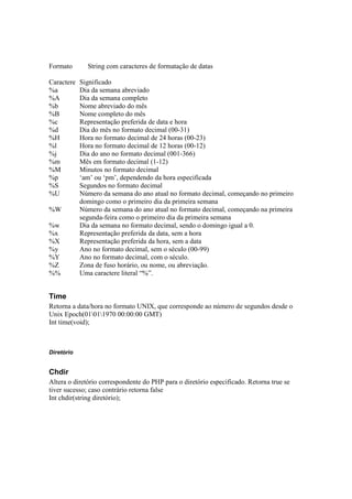 Formato       String com caracteres de formatação de datas

Caractere   Significado
%a          Dia da semana abreviado
%A          Dia da semana completo
%b          Nome abreviado do mês
%B          Nome completo do mês
%c          Representação preferida de data e hora
%d          Dia do mês no formato decimal (00-31)
%H          Hora no formato decimal de 24 horas (00-23)
%l          Hora no formato decimal de 12 horas (00-12)
%j          Dia do ano no formato decimal (001-366)
%m          Mês em formato decimal (1-12)
%M          Minutos no formato decimal
%p          ‘am’ ou ‘pm’, dependendo da hora especificada
%S          Segundos no formato decimal
%U          Número da semana do ano atual no formato decimal, começando no primeiro
            domingo como o primeiro dia da primeira semana
%W          Número da semana do ano atual no formato decimal, começando na primeira
            segunda-feira como o primeiro dia da primeira semana
%w          Dia da semana no formato decimal, sendo o domingo igual a 0.
%x          Representação preferida da data, sem a hora
%X          Representação preferida da hora, sem a data
%y          Ano no formato decimal, sem o século (00-99)
%Y          Ano no formato decimal, com o século.
%Z          Zona de fuso horário, ou nome, ou abreviação.
%%          Uma caractere literal “%”.


Time
Retorna a data/hora no formato UNIX, que corresponde ao número de segundos desde o
Unix Epoch(01011970 00:00:00 GMT)
Int time(void);



Diretório


Chdir
Altera o diretório correspondente do PHP para o diretório especificado. Retorna true se
tiver sucesso; caso contrário retorna false
Int chdir(string diretório);
 