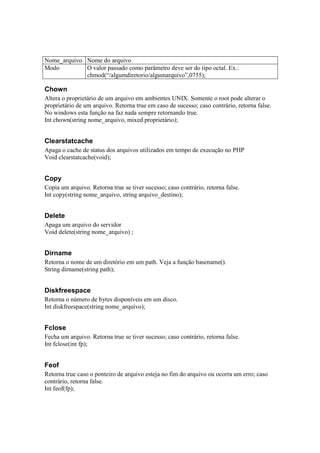 Nome_arquivo Nome do arquivo
Modo         O valor passado como parâmetro deve ser do tipo octal. Ex.:
             chmod(“/algumdiretorio/algumarquivo”,0755);

Chown
Altera o proprietário de um arquivo em ambientes UNIX. Somente o root pode alterar o
proprietário de um arquivo. Retorna true em caso de sucesso; caso contrário, retorna false.
No windows esta função na faz nada sempre retornando true.
Int chown(string nome_arquivo, mixed proprietário);


Clearstatcache
Apaga o cache de status dos arquivos utilizados em tempo de execução no PHP
Void clearstatcache(void);


Copy
Copia um arquivo. Retorna true se tiver sucesso; caso contrário, retorna false.
Int copy(string nome_arquivo, string arquivo_destino);


Delete
Apaga um arquivo do servidor
Void delete(string nome_arquivo) ;


Dirname
Retorna o nome de um diretório em um path. Veja a função basename().
String dirname(string path);


Diskfreespace
Retorna o número de bytes disponíveis em um disco.
Int diskfreespace(string nome_arquivo);


Fclose
Fecha um arquivo. Retorna true se tiver sucesso; caso contrário, retorna false.
Int fclose(int fp);


Feof
Retorna true caso o ponteiro de arquivo esteja no fim do arquivo ou ocorra um erro; caso
contrário, retorna false.
Int feof(fp);
 