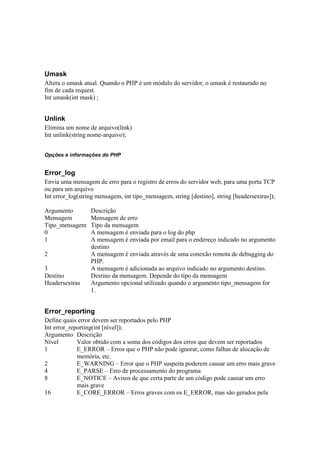 Umask
Altera o umask atual. Quando o PHP é um módulo do servidor, o umask é restaurado no
fim de cada request.
Int umask(int mask) ;


Unlink
Elimina um nome de arquivo(link)
Int unlink(string nome-arquivo);


Opções e informações do PHP


Error_log
Envia uma mensagem de erro para o registro de erros do servidor web, para uma porta TCP
ou para um arquivo
Int error_log(string mensagem, int tipo_mensagem, string [destino], string [headersextras]);

Argumento         Descrição
Mensagem          Mensagem de erro
Tipo_mensagem     Tipo da mensagem
0                 A mensagem é enviada para o log do php
1                 A mensagem é enviada por email para o endereço indicado no argumento
                  destino
2                 A mensagem é enviada através de uma conexão remota de debugging do
                  PHP.
3                 A mensagem é adicionada ao arquivo indicado no argumento destino.
Destino           Destino da mensagem. Depende do tipo da mensagem
Headersextras     Argumento opcional utilizado quando o argumento tipo_mensagem for
                  1.


Error_reporting
Define quais error devem ser reportados pelo PHP
Int error_reporting(int [nível]);
Argumento Descrição
Nível        Valor obtido com a soma dos códigos dos erros que devem ser reportados
1            E_ERROR – Erros que o PHP não pode ignorar, como falhas de alocação de
             memória, etc.
2            E_WARNING – Error que o PHP suspeita poderem causar um erro mais grave
4            E_PARSE – Erro de processamento do programa
8            E_NOTICE – Avisos de que certa parte de um código pode causar um erro
             mais grave
16           E_CORE_ERROR – Erros graves com os E_ERROR, mas são gerados pela
 