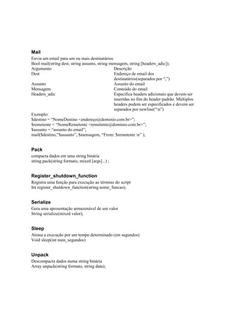 Mail
Envia um email para um ou mais destinatários
Bool mail(string dest, string assunto, string mensagem, string [headers_adic]);
Argumento                                       Descrição
Dest                                            Endereço de email dos
                                                destinatários(separados por “,”)
Assunto                                         Assunto do email
Mensagem                                        Conteúdo do email
Headers_adic                                    Especifica headers adicionais que devem ser
                                                inseridas no fim do header padrão. Múltiplos
                                                headers podem ser especificados e devem ser
                                                separados por newline(“n”)
Exemplo:
$destino = “NomeDestino <endereço@dominio.com.br>”;
$remetente = “NomeRemetente <remetente@dominio.com.br>”;
$assunto = “assunto do email”;
mail($destino,”$assunto”, $mensagem, “From: $remetente n” );


Pack
compacta dados em uma string binária
string pack(string formato, mixed [args]...) ;


Register_shutdown_function
Registra uma função para execução ao término do script
Int register_shutdown_function(string nome_funcao);


Serialize
Gera uma apresentação armazenável de um valor
String serialize(mixed valor);


Sleep
Atrasa a execução por um tempo determinado (em segundos)
Void sleep(int num_segundos)


Unpack
Descompacta dados numa string binária
Array unpack(string formato, string data);
 