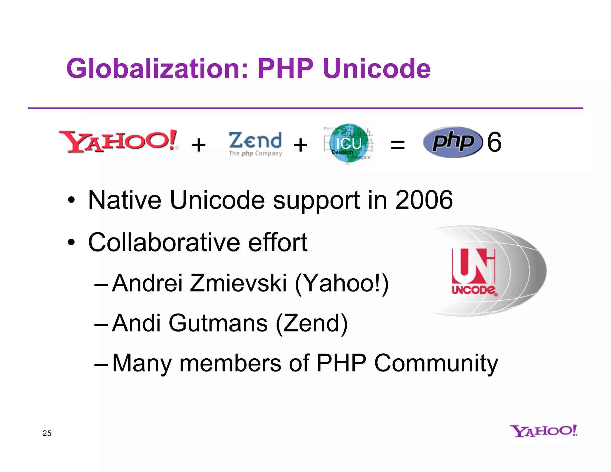 Globalization: PHP Unicode + + ICU = 6 • Native Unicode support in 2006 • Collaborative effort – Andrei Zmievski (Yahoo!) – Andi Gutmans (Zend) – Many members of PHP Community 25 