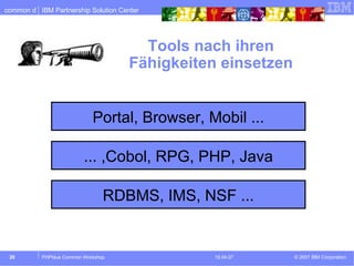 Tools nach ihren Fähigkeiten einsetzen RDBMS, IMS, NSF ... Cobol, RPG, PHP, Java, ... Portal, Browser, Mobil ... 