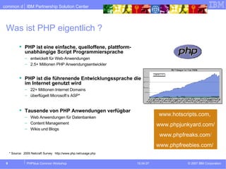 Was ist PHP eigentlich ? PHP ist eine einfache, quelloffene, plattform- unabhängige Script Programmiersprache entwickelt für Web-Anwendungen 2.5+ Millionen PHP Anwendungsentwickler PHP ist die führenende Entwicklungssprache die im Internet genutzt wird 22+ Millionen Internet Domains  überflügelt Microsoft’s ASP* Tausende von PHP Anwendungen verfügbar  Web Anwendungen für Datenbanken Content Management Wikis und Blogs www.hotscripts.com,  www.phpjunkyard.com/ www.phpfreaks.com / www.phpfreebies.com/  * Source:  2005 Netcraft Survey  http://www.php.net/usage.php 