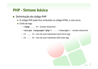 Revisão	
  HTML	
  –	
  exercício	
  
    Copie	
  e	
  cole	
  o	
  código	
  da	
  penúlNma	
  página	
  no	
  editor	
  
    Salve	
  como	
  index.html	
  e	
  abra	
  no	
  navegador	
  
    Adicione	
  um	
  atulo	
  (h1)	
  no	
  início	
  da	
  página	
  contendo	
  o	
  texto:	
  
     "Revisão	
  HTML"	
  
    Faça	
  busca	
  na	
  Web	
  do	
  logoNpo	
  do	
  IF	
  e	
  insira	
  uma	
  tag	
  (abaixo	
  
     do	
  atulo)	
  que	
  mostre	
  a	
  imagem	
  desse	
  logoNpo	
  
    Insira	
  o	
  texto:	
  "Clique	
  para	
  acessar	
  a	
  página	
  do	
  Campus	
  Porto	
  
     Alegre"	
  transformando-­‐o	
  num	
  hiperlink	
  para	
  aquele	
  site	
  
    Insira	
  uma	
  lista	
  não	
  ordenada	
  que	
  contenha	
  os	
  3	
  itens:	
  “PHP”,	
  
     “MySQL”	
  e	
  “Apache”.	
  
    Insira	
  mais	
  uma	
  linha	
  na	
  tabela	
  (+	
  2	
  células):	
  “HTML”	
  e	
  “PHP”	
  
    Insira	
  o	
  formulário	
  no	
  ﬁnal	
  (página	
  anterior),	
  tente	
  enviar	
  e	
  
     veja	
  o	
  que	
  acontece	
  
 