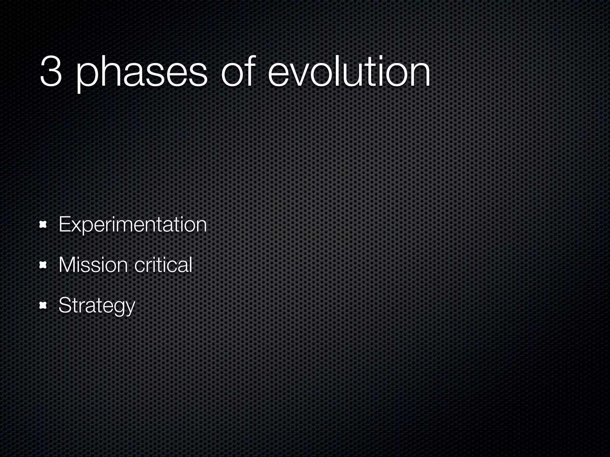 3 phases of evolution Experimentation Mission critical Strategy 