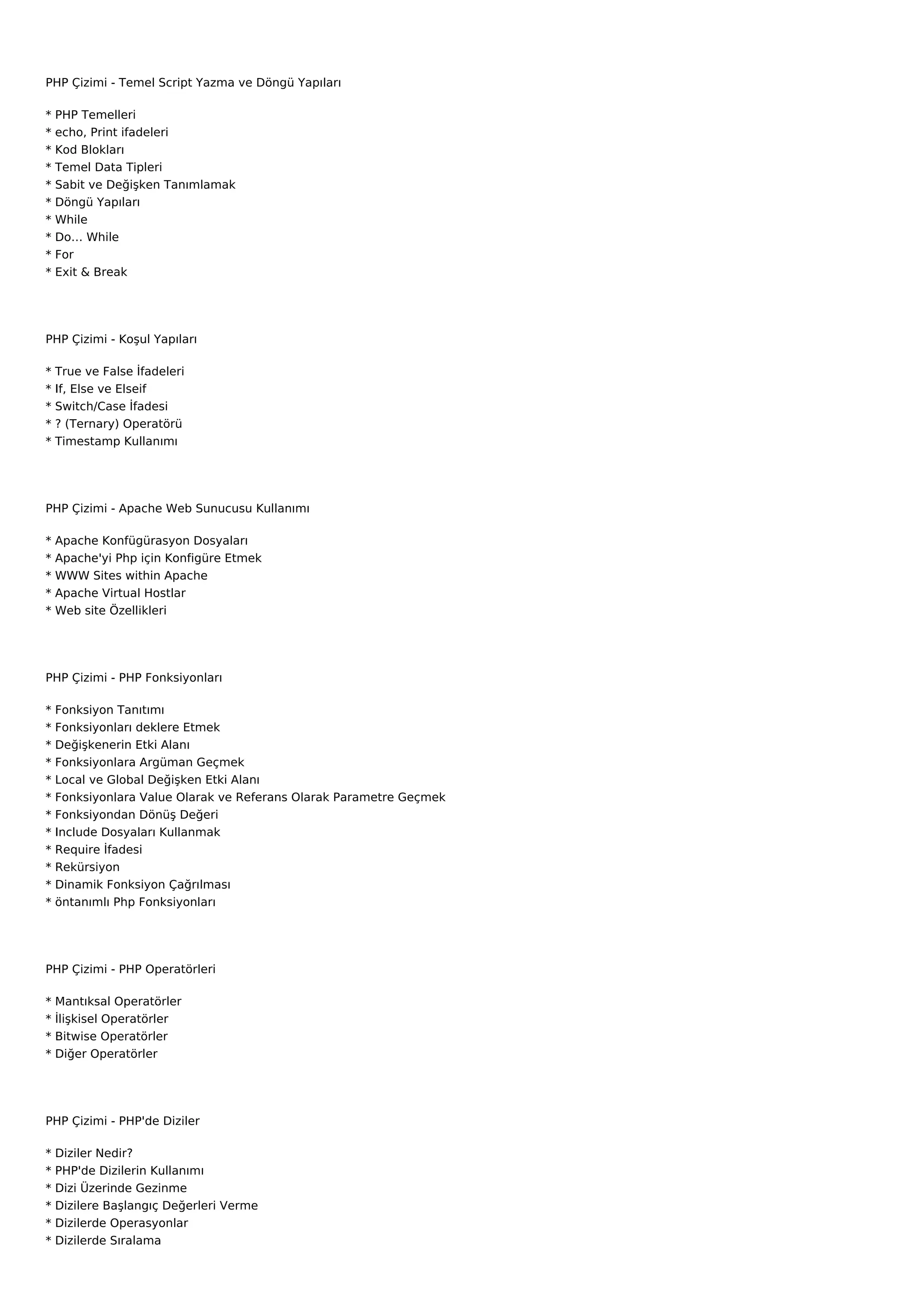 PHP Çizimi - Temel Script Yazma ve Döngü Yapıları

*   PHP Temelleri
*   echo, Print ifadeleri
*   Kod Blokları
*   Temel Data Tipleri
*   Sabit ve Değişken Tanımlamak
*   Döngü Yapıları
*   While
*   Do… While
*   For
*   Exit & Break




PHP Çizimi - Koşul Yapıları

*   True ve False İfadeleri
*   If, Else ve Elseif
*   Switch/Case İfadesi
*   ? (Ternary) Operatörü
*   Timestamp Kullanımı




PHP Çizimi - Apache Web Sunucusu Kullanımı

*   Apache Konfügürasyon Dosyaları
*   Apache'yi Php için Konfigüre Etmek
*   WWW Sites within Apache
*   Apache Virtual Hostlar
*   Web site Özellikleri




PHP Çizimi - PHP Fonksiyonları

*   Fonksiyon Tanıtımı
*   Fonksiyonları deklere Etmek
*   Değişkenerin Etki Alanı
*   Fonksiyonlara Argüman Geçmek
*   Local ve Global Değişken Etki Alanı
*   Fonksiyonlara Value Olarak ve Referans Olarak Parametre Geçmek
*   Fonksiyondan Dönüş Değeri
*   Include Dosyaları Kullanmak
*   Require İfadesi
*   Rekürsiyon
*   Dinamik Fonksiyon Çağrılması
*   öntanımlı Php Fonksiyonları




PHP Çizimi - PHP Operatörleri

*   Mantıksal Operatörler
*   İlişkisel Operatörler
*   Bitwise Operatörler
*   Diğer Operatörler




PHP Çizimi - PHP'de Diziler

*   Diziler Nedir?
*   PHP'de Dizilerin Kullanımı
*   Dizi Üzerinde Gezinme
*   Dizilere Başlangıç Değerleri Verme
*   Dizilerde Operasyonlar
*   Dizilerde Sıralama
 