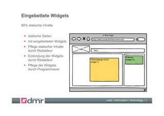 Eingebettete Widgets
90% statische Inhalte


  statische Seiten
  mit eingebetteten Widgets
  Pflege statischer Inhalte
   durch Redakteur
  Einbindung der Widgets
   durch Redakteur
  Pflege der Widgets
   durch Programmierer




                               / web / information / technology / 5
 