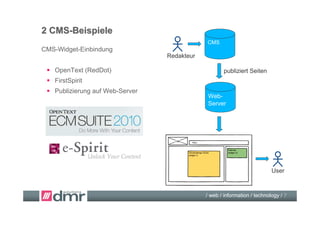 2 CMS-Beispiele
                                             CMS
CMS-Widget-Einbindung
                                 Redakteur

  OpenText (RedDot)                                publiziert Seiten
  FirstSpirit
  Publizierung auf Web-Server
                                             Web-
                                             Server




                                                                          User



                                             / web / information / technology / 7
 