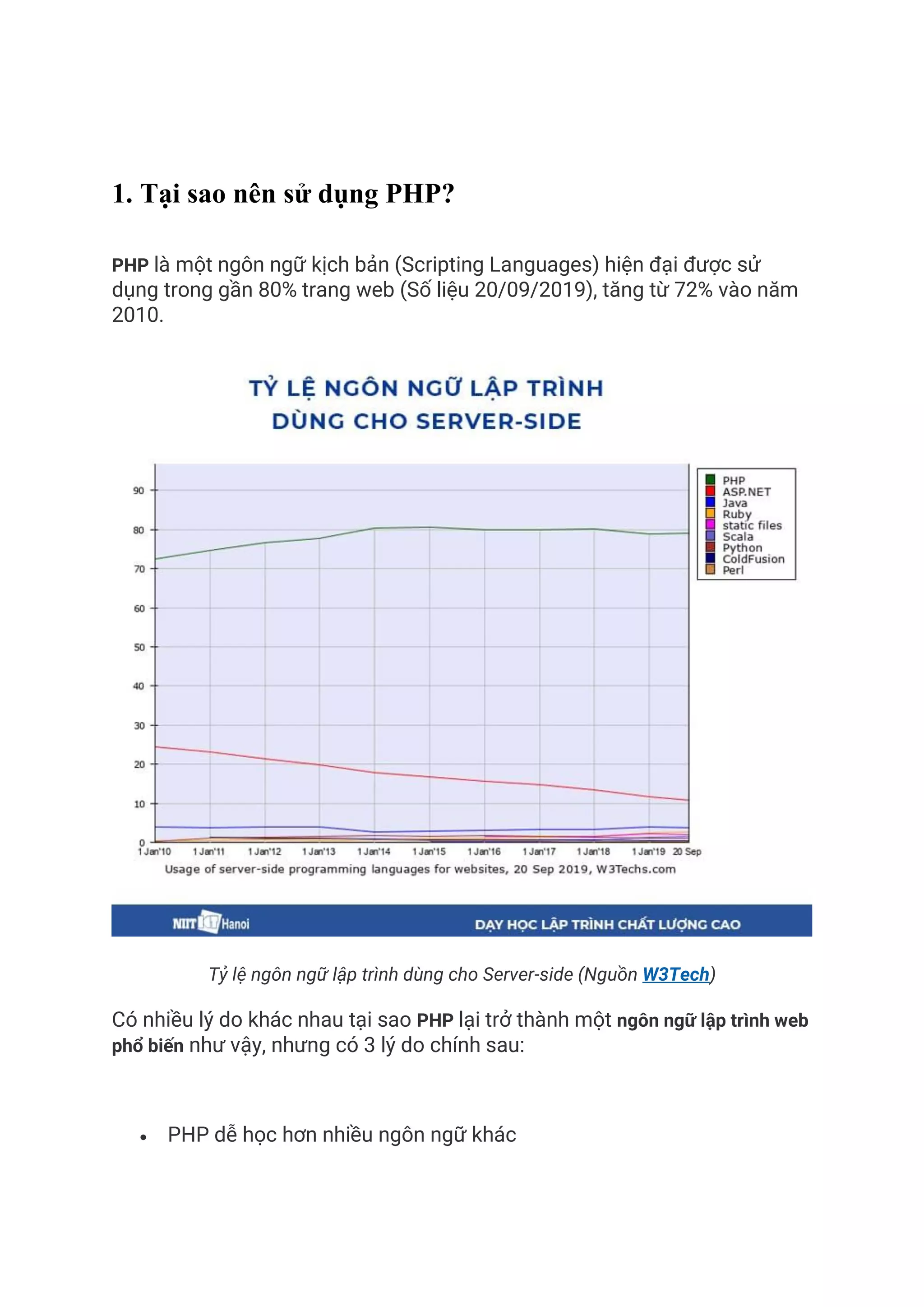 1. Tại sao nên sử dụng PHP?
PHP là một ngôn ngữ kịch bản (Scripting Languages) hiện đại được sử
dụng trong gần 80% trang web (Số liệu 20/09/2019), tăng từ 72% vào năm
2010.
Tỷ lệ ngôn ngữ lập trình dùng cho Server-side (Nguồn W3Tech)
Có nhiều lý do khác nhau tại sao PHP lại trở thành một ngôn ngữ lập trình web
phổ biến như vậy, nhưng có 3 lý do chính sau:
• PHP dễ học hơn nhiều ngôn ngữ khác
 