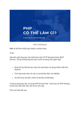 PHP có thể làm gì?
PHP có thể làm nhiều loại nhiệm vụ khác nhau.
Ví dụ:
Hãy thử nghĩ rằng bạn cần triển khai một HTTP Backend hoặc REST
Service. Trong trường hợp đó, bạn muốn sử dụng một ngôn ngữ:
• Được hỗ trợ tốt bởi các máy chủ web được sử dụng nhiều nhất như
Apache
• Tích hợp hoàn hảo với các cơ sở dữ liệu SQL như MySQL
• Có thể xử lý văn bản, chuỗi và dữ liệu số dễ dàng
Trong trường hợp này, sử dụng PHP là hoàn hảo. Trên thực tế, PHP thường
là lựa chọn đầu tiên cho các dự án như vậy.
Thử xem biểu đồ sau:
 