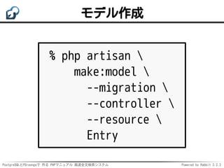 PostgreSQLとPGroongaで 作る PHPマニュアル 高速全文検索システム Powered by Rabbit 2.2.2
モデル作成
% php artisan 
make:model 
--migration 
--contro...