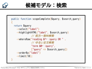 PostgreSQLとPGroongaで 作る PHPマニュアル 高速全文検索システム Powered by Rabbit 2.2.2
候補モデル：検索
public function scopeComplete($query, $search...