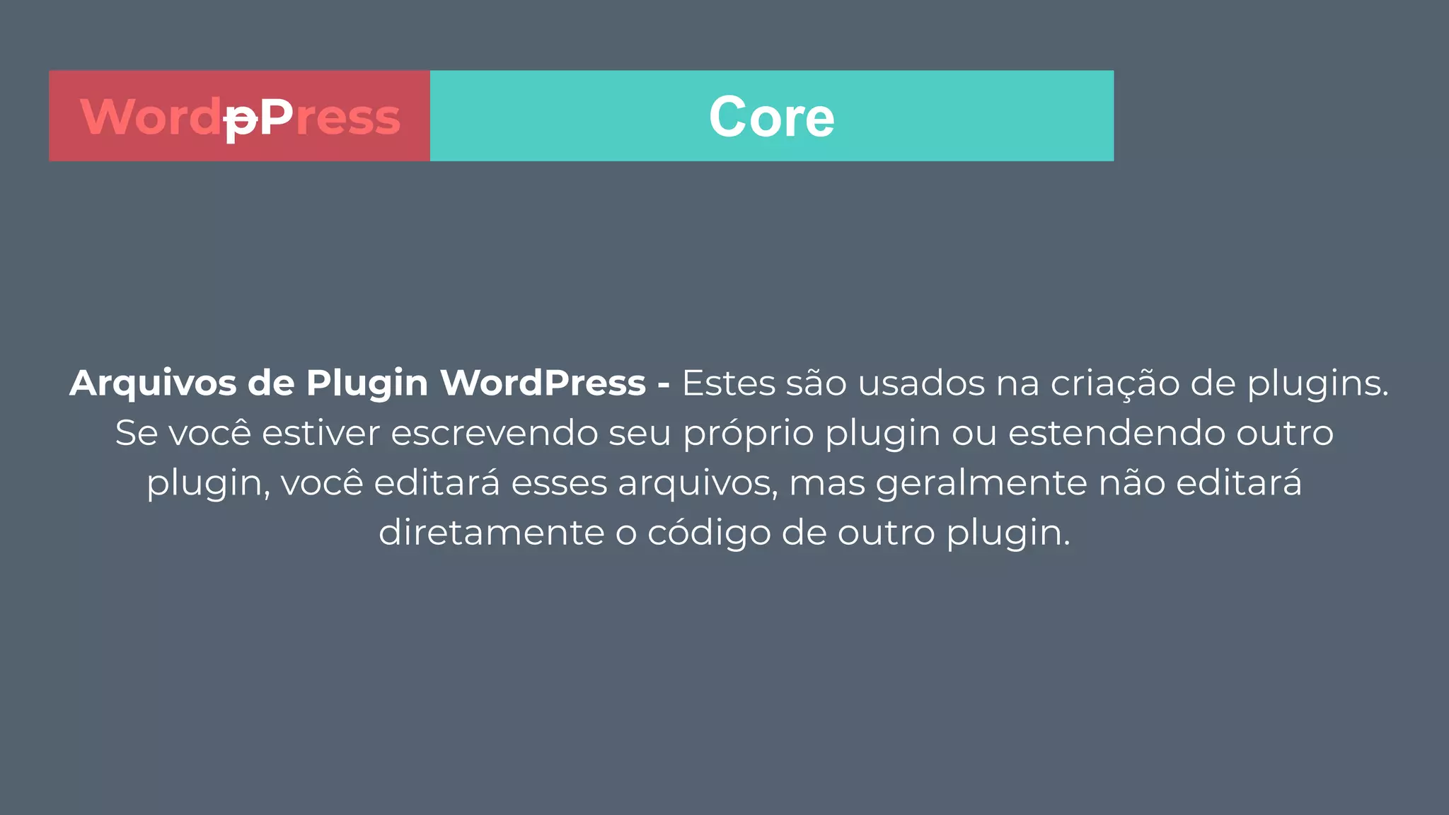 Arquivos de Plugin WordPress - Estes são usados na criação de plugins.
Se você estiver escrevendo seu próprio plugin ou estendendo outro
plugin, você editará esses arquivos, mas geralmente não editará
diretamente o código de outro plugin.
CoreWordpPress
 