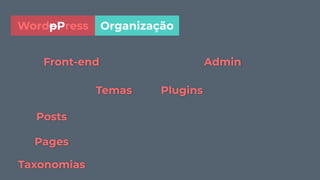 WordpPress
AdminFront-end
PluginsTemas
Posts
Pages
Taxonomias
Organização
 