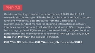 PHP 7.3
Besides continuing to evolve the performance of PHP7, the PHP 7.3
release is also delivering on FFI (the Foreign Function Interface) to access
functions / variables / data structures from the C language, a
platform-independent manner for obtaining information on network
interfaces, an is_countable() call, WebP support within GD's image create
from string, updated SQLite support, improved PHP garbage collection
performance, and many other enhancements. PHP 7.3 is just shy of 10%
faster than PHP 7.2 in the popular PHPBench.
PHP 7.3 is 31% faster than PHP 7.0 or nearly 3x the speed of PHP5.
 
