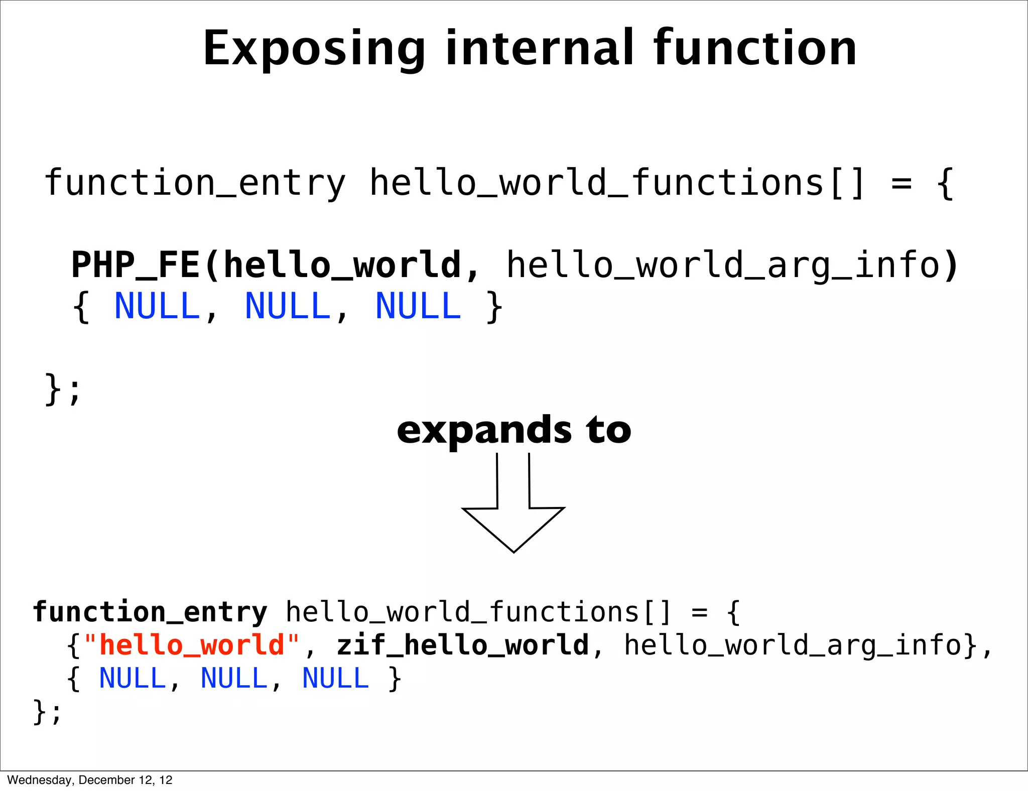 Exposing internal function

     function_entry hello_world_functions[] = {

         PHP_FE(hello_world, hello_world_arg_info)
         { NULL, NULL, NULL }

     };
                                    expands to



   function_entry hello_world_functions[] = {
      {"hello_world", zif_hello_world, hello_world_arg_info},
      { NULL, NULL, NULL }
   };

Wednesday, December 12, 12
 