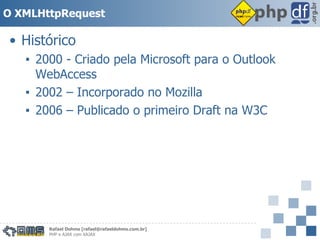 O XMLHttpRequest <ul><li>Histórico </li></ul><ul><ul><li>2000 - Criado pela Microsoft para o Outlook WebAccess </li></ul><...