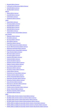 • Mimarlık Eğitimi Samsun
• İç Mimarlık Ve Dekorasyon Eğitimi Samsun
• AutoCAD Eğitimi Samsun
• 3ds Max Eğitimi Samsun
Makine
• Makine Eğitimi Samsun
• AutoCAD Eğitimi Samsun
• CATIA Eğitimi Samsun
• Solidworks Eğitimi Samsun
İnşaat
• İnşaat Eğitimi Samsun
• Primavera Eğitimi Samsun
• AutoCAD Eğitimi Samsun
• SAP2000 Eğitimi Samsun
• Sta4CAD Eğitimi Samsun
• XSteel Eğitimi Samsun
• Hakediş Ve Kesin Hesap Eğitimi Samsun
İş & Yönetim
• Bilgisayar Eğitimi Samsun
• Ofis Eğitimi Samsun
• İleri Excel Eğitimi Samsun
• Word Eğitimi Samsun
• PowerPoint Eğitimi Samsun
• Excel VBA Programlama Eğitimi Samsun
• Access VBA Programlama Eğitimi Samsun
• Bilgisayarlı Muhasebe Eğitimi Samsun
• Hakediş Ve Kesin Hesap Eğitimi Samsun
• Proje Yönetimi Eğitimi Samsun
• MS Project Eğitimi Samsun
• Primavera Eğitimi Samsun
• İstatistik SPSS Eğitimi Samsun
• Yöneticilik Eğitimi Samsun
• Girişimcilik Eğitimi Samsun
• Sözleşme Yönetimi Eğitimi Samsun
• Değişim Yönetimi Eğitimi Samsun
• Kriz Yönetimi Eğitimi Samsun
• Motivasyon Eğitimi Samsun
• Üst Düzey Yönetici Eğitimi Samsun
• Liderlik Eğitimi Samsun
• Yöneticiler İçin Finans Eğitimi Samsun
• Toplantı Yönetimi Eğitimi Samsun
• Yönetici Asistanlığı Eğitimi Samsun
• Raporlama Teknikleri Eğitimi Samsun
• Satınalma Yönetimi Eğitimi Samsun
• Stres Yönetimi Eğitimi Samsun
• Etkili Sunum Teknikleri Eğitimi Samsun
• Kamu İhale Eğitimi Samsun
• Problem Çözme Teknikleri Eğitimi Samsun
• Zaman Yönetimi Eğitimi Samsun
• Müzakere Teknikleri Eğitimi Samsun
• Sekreterlik Eğitimi Samsun
Kalite
• ISO 9001 Kalite Yönetim Sistemi Temel Eğitimi Samsun
• ISO 9001 Kalite Yönetim Sistemi İç Denetçi Eğitimi Samsun
• ISO 9001 Kalite Yönetim Sistemi Baş Denetçi Eğitimi Samsun
• ISO 9001 Kalite Yönetim Sistemi Dokümantasyon Eğitimi Samsun
• OHSAS 18001 İş Sağlığı Ve Güvenliği Yönetim Sistemi Temel Eğitimi Samsun
• OHSAS 18001 İş Sağlığı Ve Güvenliği Yönetim Sistemi İç Denetçi Eğitimi Samsun
• OHSAS 18001 İş Sağlığı Ve Güvenliği Yönetim Sistemi Baş Denetçi Eğitimi Samsun
 