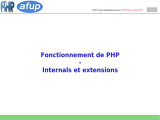 PHP Internals&extensions | PHPTour Lille 2011   1




Fonctionnement de PHP
           -
Internals et extensions
 