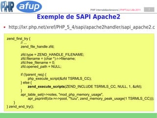 PHP Internals&extensions | PHPTour Lille 2011   7


                    Exemple de SAPI Apache2
 http://lxr.php.net/xref/PHP_5_4/sapi/apache2handler/sapi_apache2.c

zend_first_try {
         // ...
         zend_file_handle zfd;

        zfd.type = ZEND_HANDLE_FILENAME;
        zfd.filename = (char *) r->filename;
        zfd.free_filename = 0;
        zfd.opened_path = NULL;

        if (!parent_req) {
              php_execute_script(&zfd TSRMLS_CC);
        } else {
              zend_execute_scripts(ZEND_INCLUDE TSRMLS_CC, NULL, 1, &zfd);
        }
        apr_table_set(r->notes, "mod_php_memory_usage",
              apr_psprintf(ctx->r->pool, "%zu", zend_memory_peak_usage(1 TSRMLS_CC)));
     }
} zend_end_try();
 