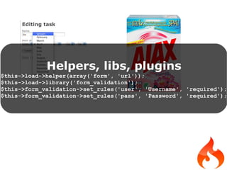 Helpers, libs, plugins $this->load->helper(array('form', 'url')); $this->load->library('form_validation'); $this->form_validation->set_rules('user', 'Username', 'required'); $this->form_validation->set_rules('pass', 'Password', 'required'); 