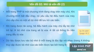 Vấn đề 02: Mô tả vấn đề (2)
$x  1207
$page  3
• Mỗi trang PHP là một chương trình đang chạy trên máy chủ. Khi
chương trình bắt đầu chạy, nó yêu cầu hệ điều hành của máy
chủ cấp cho nó một số bộ nhớ để lưu trữ các biến.
• Khi trang được tải xong, hệ điều hành của máy chủ lấy bộ nhớ
trở lại  bộ nhớ của trang sẽ bị xóa  tất cả thông tin trên
trang đều bị xóa
• Dữ liệu được lưu vào bộ nhớ ở mỗi trang là độc lập với nhau (trang A không
truy cập được bộ nhớ của các biến được tạo bởi trang B)
 