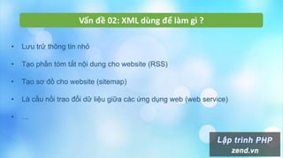 Vấn đề 02: XML dùng để làm gì ?
• Lưu trữ thông tin nhỏ
• Tạo phần tóm tắt nội dung cho website (RSS)
• Tạo sơ đồ cho website (sitemap)
• Là cầu nối trao đổi dữ liệu giữa các ứng dụng web (web service)
• …
 