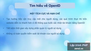 Tìm hiểu về OpenID
MẶT TÍCH CỰC VÀ HẠN CHẾ
• Tạo hướng tiếp cận truy cập mới cho người dùng, các quá trình thực thi trên
website diễn ra nhanh hơn vì đã thông qua bước xác nhận tài khoản bằng OpenID
• Tiết kiệm thời gian xây dựng phần quản lý người sử dụng
• Không có toàn quyền kiểm soát tài khoản của người sử dụng
 
