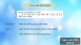 Truy vấn đơn giản
• DISTINCT Hiển thị những dòng phân biệt.
• ALL: hiển thị tất cả các dòng (giá trị mặc định)
• * thay thế tất cả các cột trong bảng.
 example 01-03
 