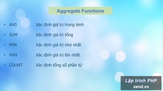 Aggregate Functions
• AVG Xác định giá trị trung bình
• SUM Xác định giá trị tổng
• MIN Xác định giá trị nhỏ nhất
• MAX Xác định giá trị lớn nhất
• COUNT Xác định tổng số phần tử
 