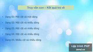 Truy vấn con – Kết quả trả về
• Dạng 01: Một cột và một dòng
• Dạng 02: Một cột và nhiều dòng
• Dạng 03: Một cột và nhiều dòng
• Dạng 04: Một cột và nhiều dòng
• Dạng 05: Nhiều cột và nhiều dòng
 