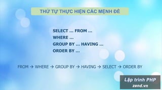 THỨ TỰ THỰC HIỆN CÁC MỆNH ĐÈ
SELECT … FROM …
WHERE …
GROUP BY … HAVING …
ORDER BY …
FROM  WHERE  GROUP BY  HAVING  SELECT  ORDER BY
 