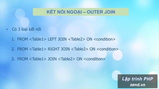 KẾT NỐI NGOẠI – OUTER JOIN
• Có 3 loại kết nối
1. FROM <Table1> LEFT JOIN <Table2> ON <condition>
2. FROM <Table1> RIGHT JOIN <Table2> ON <condition>
3. FROM <Table1> JOIN <Table2> ON <condition>
 