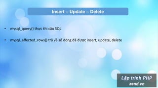 Insert – Update – Delete
• mysql_query() thực thi câu SQL
• mysql_affected_rows() trả về số dòng đã được insert, update, delete
 