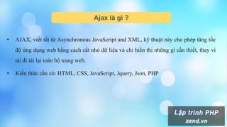 Ajax là gì ?
• AJAX, viết tắt từ Asynchronous JavaScript and XML, kỹ thuật này cho phép tăng tốc
độ ứng dụng web bằng cách cắt nhỏ dữ liệu và chỉ hiển thị những gì cần thiết, thay vì
tải đi tải lại toàn bộ trang web.
• Kiến thức cần có: HTML, CSS, JavaScript, Jquery, Json, PHP
 
