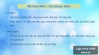 Mô hình MVC – Ưu nhược điểm
• Ưu điểm:
o Xây dựng và phát triển ứng dụng nhanh, đơn giản, dễ nâng cấp.
o Khâu bảo trì và nâng cấp đơn giản, không ảnh hưởng quá nhiều đến các thành phần
khác
• Nhược điểm:
o Đối với dự án nhỏ việc áp dụng mô hình MC gây cồng kềnh, tốn thời gian trong quá
trình phát triể.
o Tốn thời gian trung chuyển dữ liệu của các tầng
 