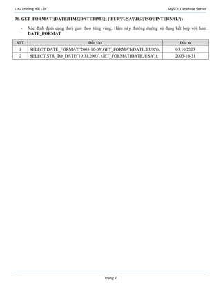 Lưu Trường Hải Lân MySQL Database Server
Trang 7
31. GET_FORMAT({DATE|TIME|DATETIME}, {'EUR'|'USA'|'JIS'|'ISO'|'INTERNAL'})
- Xác định định dạng thời gian theo từng vùng. Hàm này thường đường sử dụng kết hợp với hàm
DATE_FORMAT
STT Đầu vào Đầu ra
1 SELECT DATE_FORMAT('2003-10-03',GET_FORMAT(DATE,'EUR')); 03.10.2003
2 SELECT STR_TO_DATE('10.31.2003', GET_FORMAT(DATE,'USA')); 2003-10-31
 
