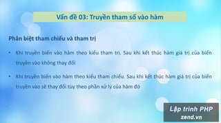 Vấn đề 03: Truyền tham số vào hàm
Phân biệt tham chiếu và tham trị
• Khi truyền biến vào hàm theo kiểu tham trị. Sau khi kết thúc hàm giá trị của biến
truyền vào không thay đổi
• Khi truyền biến vào hàm theo kiểu tham chiếu. Sau khi kết thúc hàm giá trị của biến
truyền vào sẽ thay đổi tùy theo phần xử lý của hàm đó
 