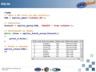 SQLite
<?php
// Abre o BD (cria se não existir);
$db = sqlite_open("cidades.db"); 
// Consultas
$result = sqlite_query($db, "SELECT * from cidades"); 
// Retornando os dados
while ($row = sqlite_fetch_array($result))
{
    print_r($row); 
}
// Fecha a conexão
sqlite_close($db);
?> 

Pablo Dall'Oglio [pablo@php.net]
PHP-GTK2

+

=

 