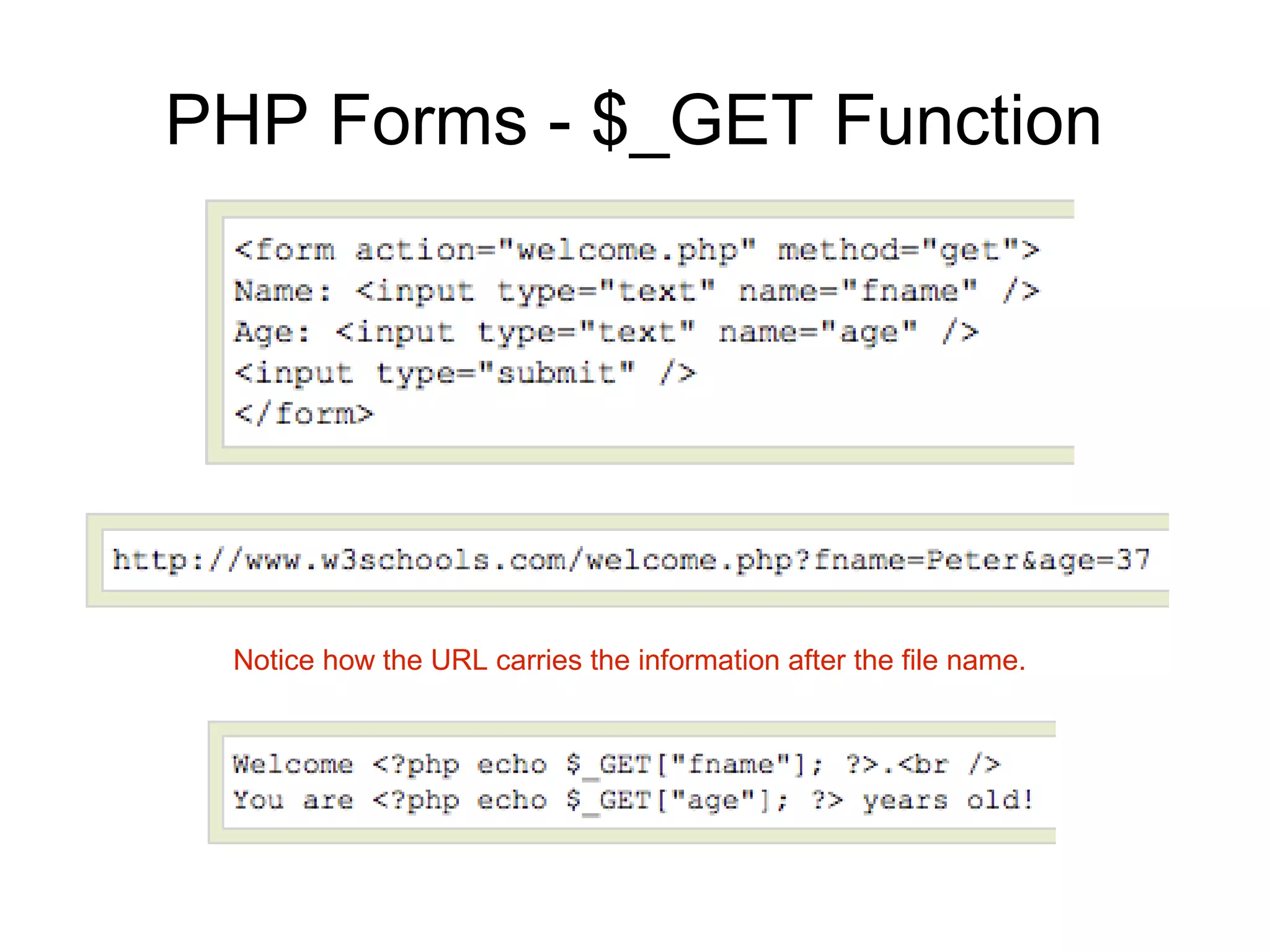 PHP Forms - $_GET Function
Notice how the URL carries the information after the file name.
 